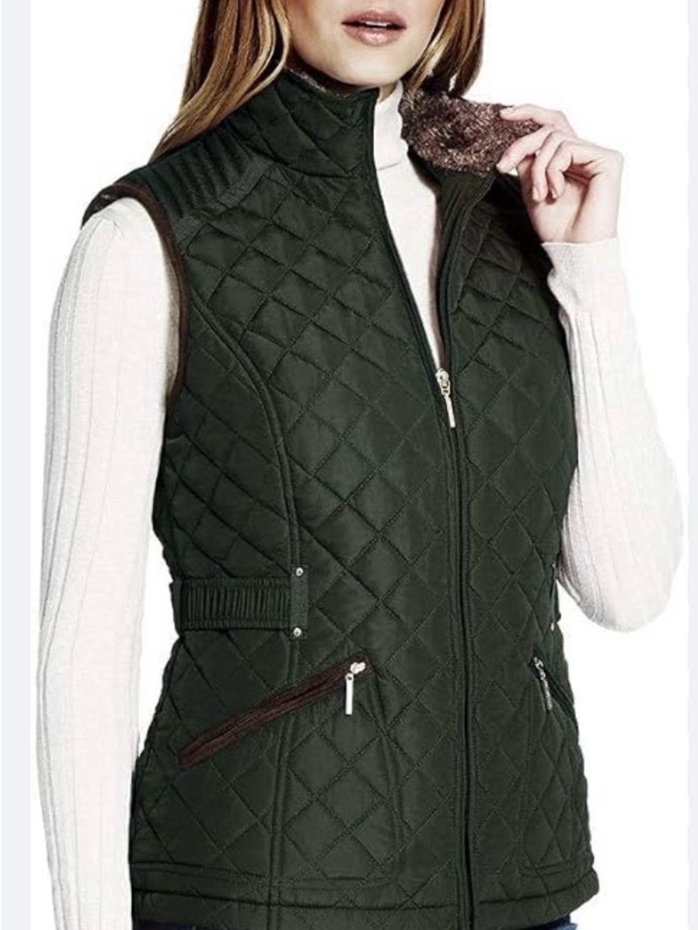 Weatherproof Quilted Dark Green Women's Vest with Faux Fur Trim Small